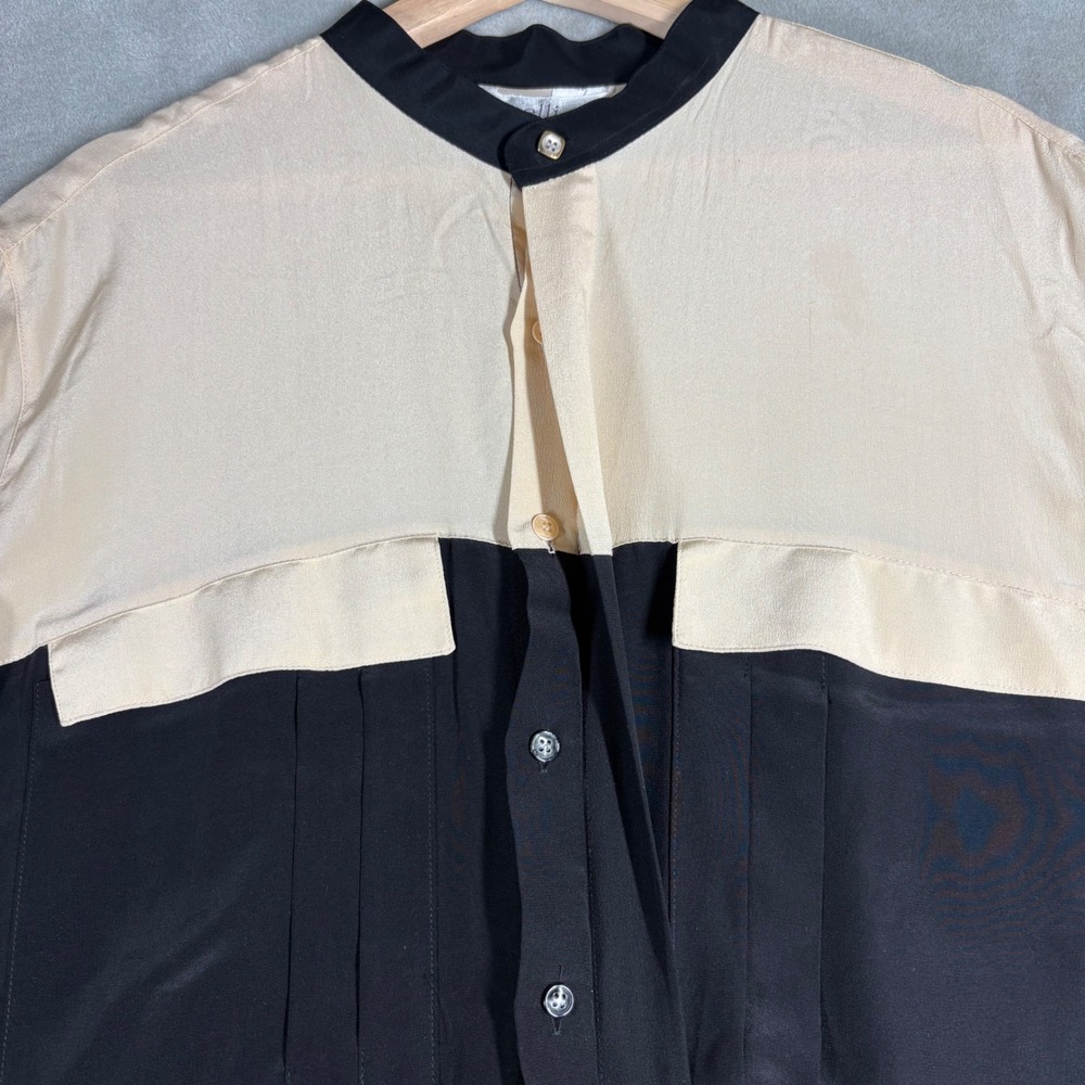 Genelli Vintage 100% Pure Silk Colorblock Band Collar Button Up Shirt XL Black - Picture 3 of 6